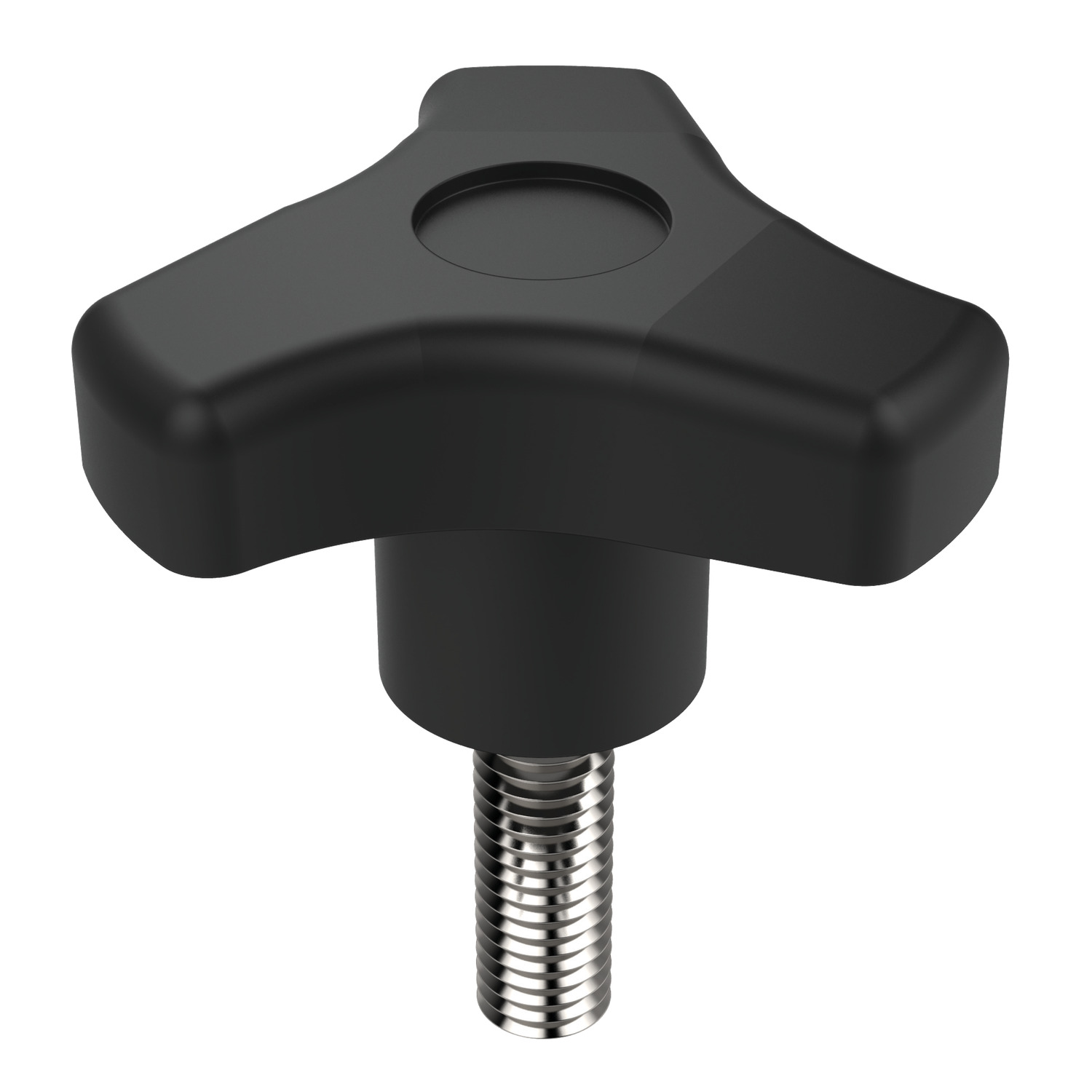 Three Lobed Knobs Screw material is zinc-plated steel stud. Grip material is thermoplastic, matte black.